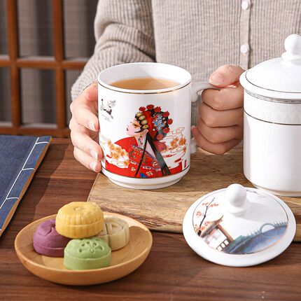 景德镇陶瓷茶杯大容量会议杯带盖骨瓷杯水杯国潮风办公杯定制