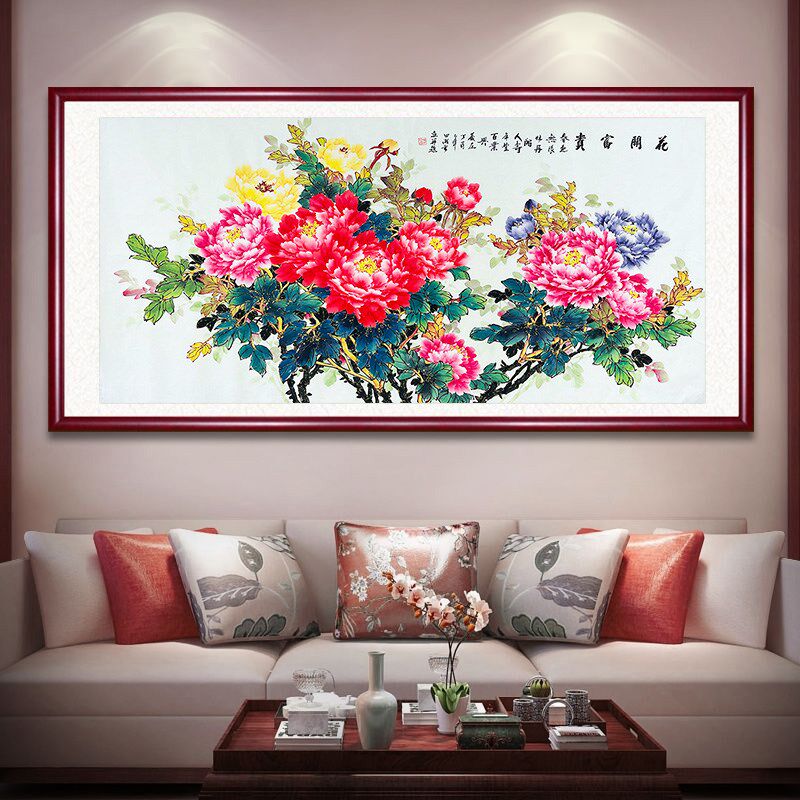 纯手绘精品国画牡丹画六尺横幅宣纸画花开富贵中式客厅装饰挂画