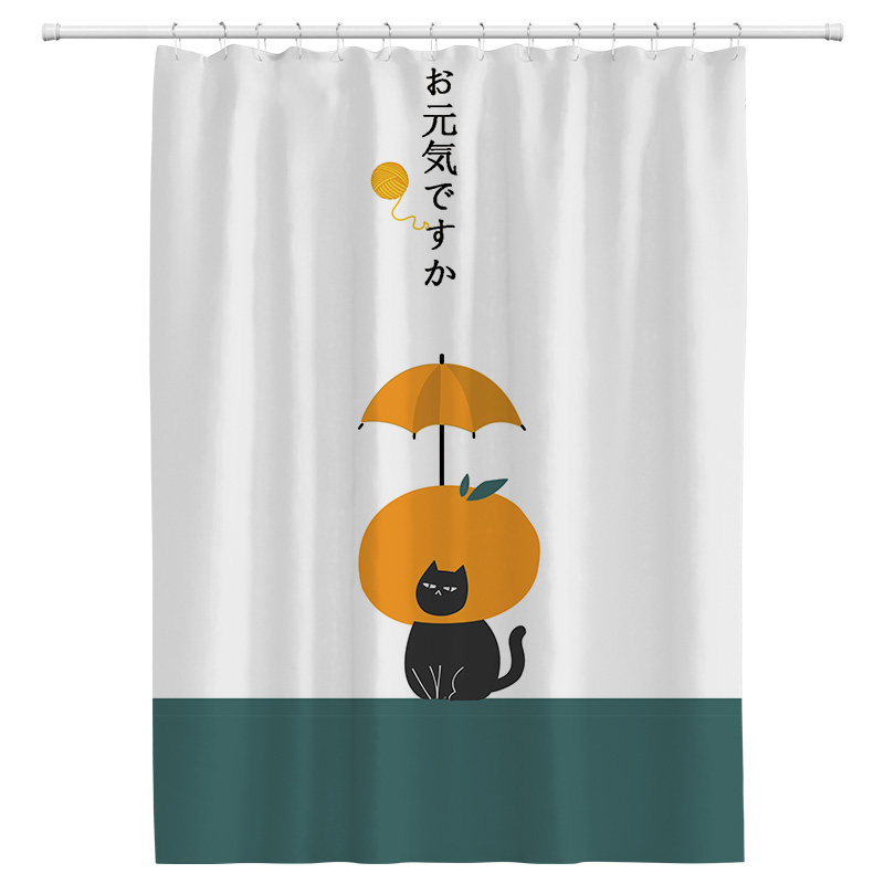 卡通猫咪浴帘套装免打孔防水卫生间厕所浴室淋浴帘加厚隔断帘日式