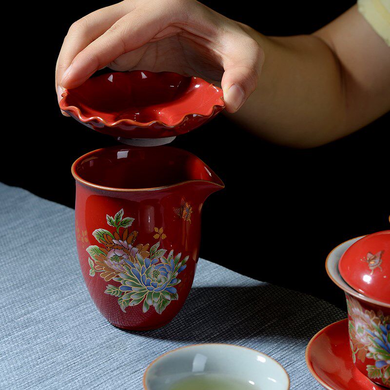 中国红瓷器牡丹花功夫茶具红色结婚喜庆婚礼陶瓷霁红茶具套装礼物