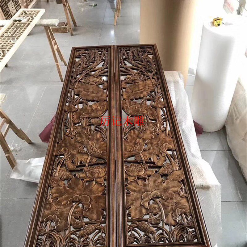 东阳木雕花板中式仿古实木玄关手工雕刻吊顶背景墙隔断屏风定制
