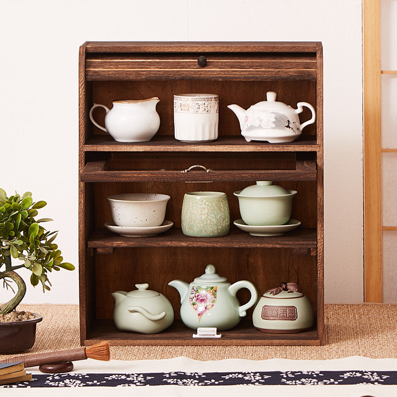 实木防尘茶杯茶具收纳柜中式茶壶展示架博古架茶棚茶柜桌面置物架