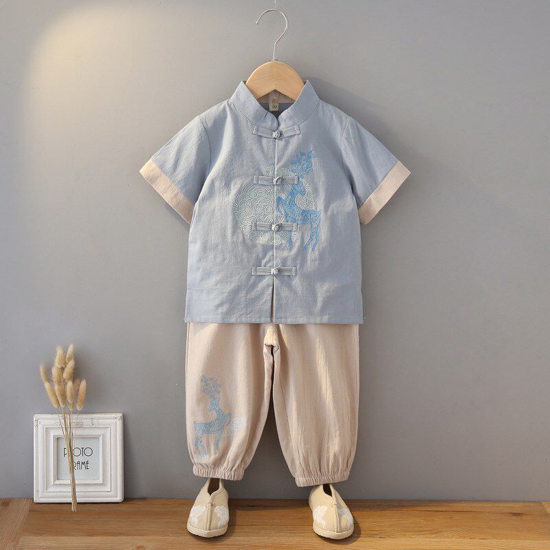 男童汉服夏季棉麻套装2024新唐装