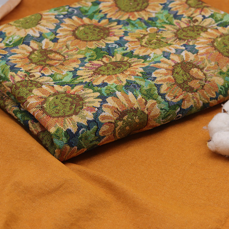 复古向日葵蓝色妖姬油画风提花布料DIY手工衣服服装面料沙发抱枕