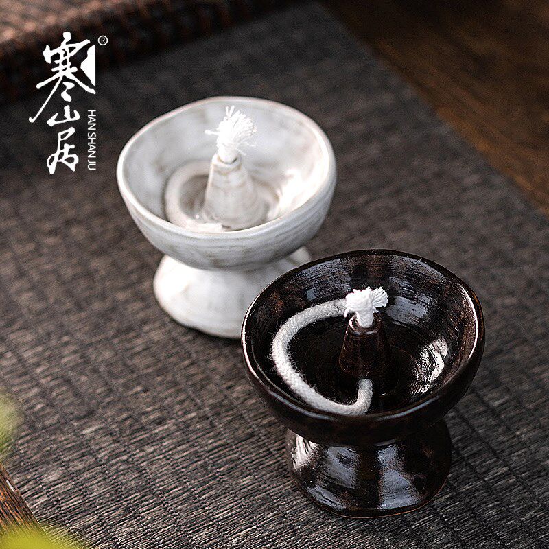 寒山居手工捏陶瓷酥油灯复古香油灯盏佛前供灯禅意茶室灯烛台摆件