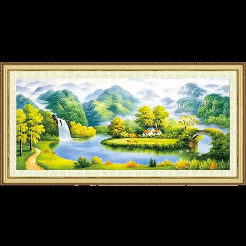 流水生财聚宝盆十字绣2025新款线绣客厅大幅山水画风景自己绣手工