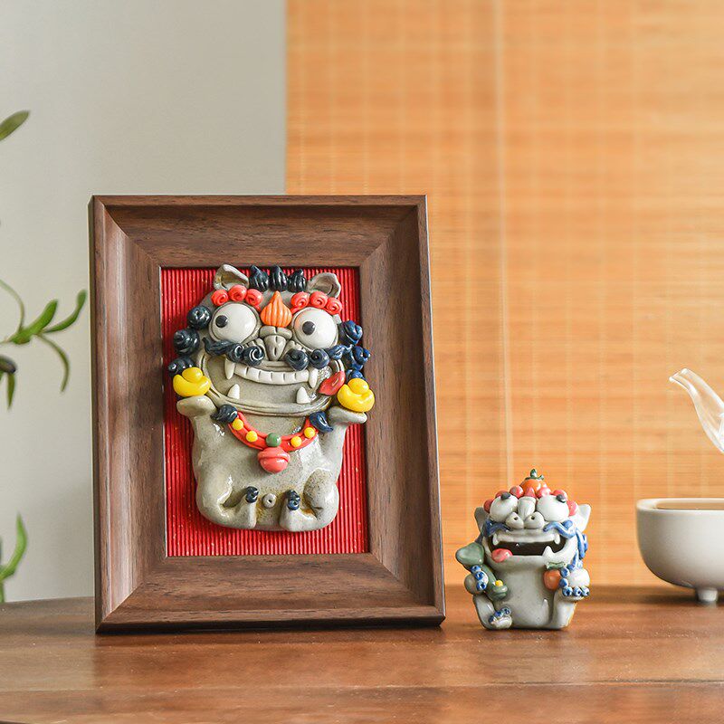 来财进宝创意貔貅客厅装饰画挂画立体手工陶瓷桌面摆件可爱狮子