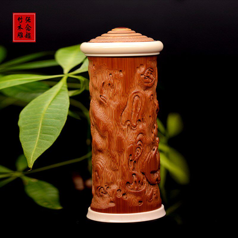 老竹雕刻腊梅寒香茶叶筒竹浮雕便携式茶叶罐梅花茶仓海派螺旋口