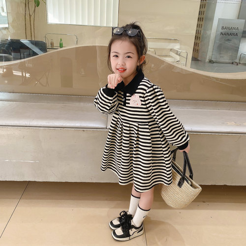 2023新款女童春装新品条纹卫衣裙宝宝连衣裙女生春秋裙子洋气时髦