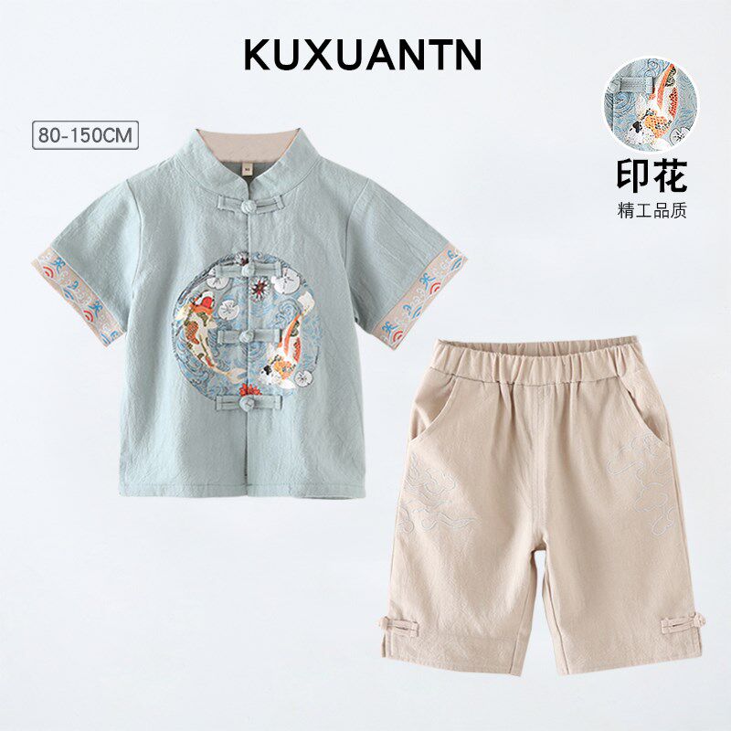 男童汉服夏季薄款宝宝周岁礼服国风唐装儿童纯棉古装国学演出套装图片