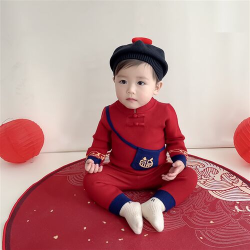 婴儿衣服春秋装男女宝宝新中式国风毛衣针织线裤套装喜庆拜年服