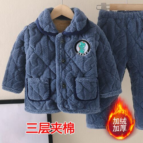法兰绒三层夹棉加绒加厚儿童冬季睡衣男童中小童女孩子学生家居服