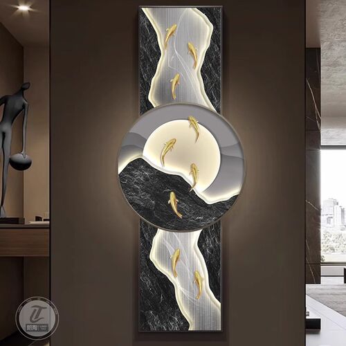 九鱼图玄关装饰画led发光灯画寓意好进门入户墙挂画高级感重叠画