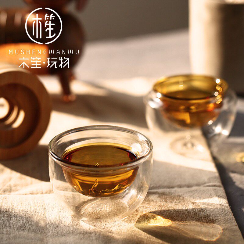 木笙玩物品茗杯双层玻璃杯家用喝茶茶具配件简约不烫手功夫茶杯子