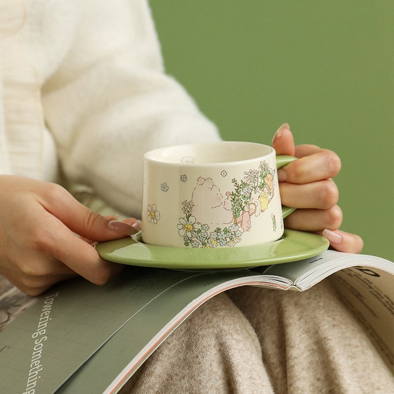 蓝莲花咖啡杯子拉花茶杯高颜值精致两件套陶瓷杯碟套装网红马克杯