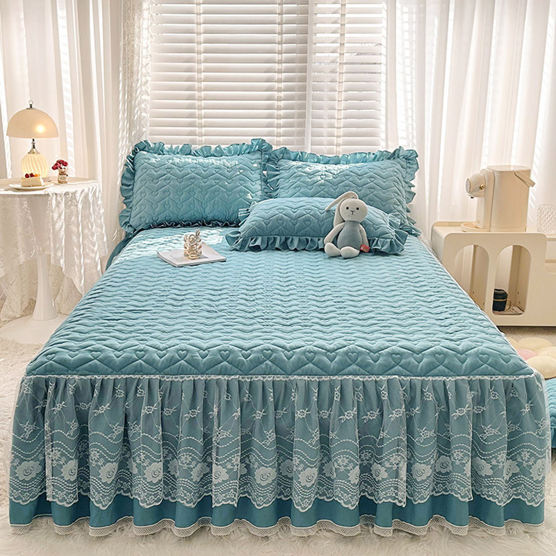 四季夹棉床笠罩带裙边二合一体蕾丝床裙床罩三件套防滑固定保护套