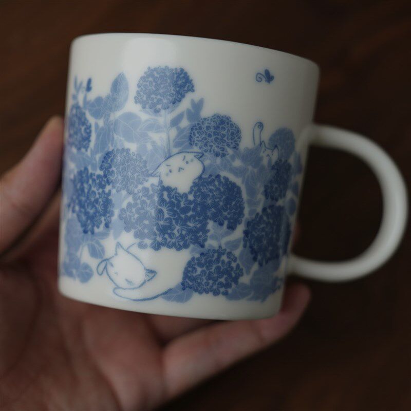 绣球猫咪杯咖啡杯茶杯水杯釉下彩 中式青花瓷大容量手绘插画
