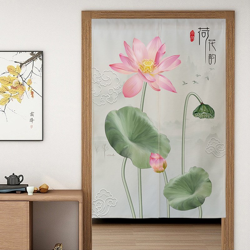 中式门帘中国风卧室厕所挂帘大门厨房卫生间隔断半帘荷花布帘