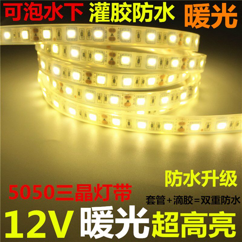 5050 12V水下鱼池鱼缸等水下LED灯带灌胶防水超高亮暖光5米价