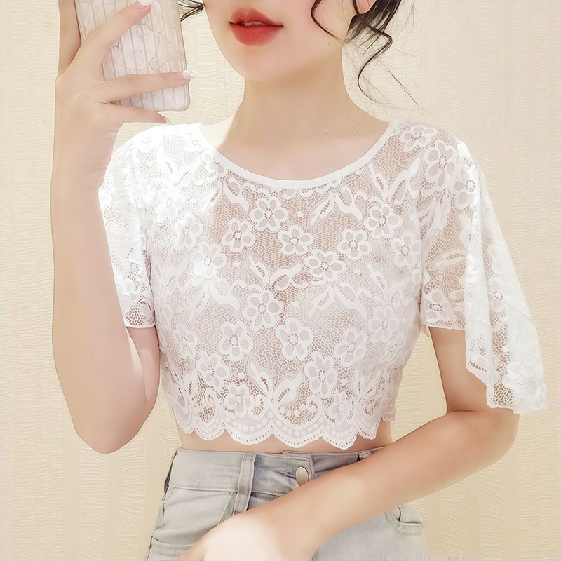 夏季新款黑白色半截蕾丝打底衫女短款圆领短袖内搭半身罩衫上衣
