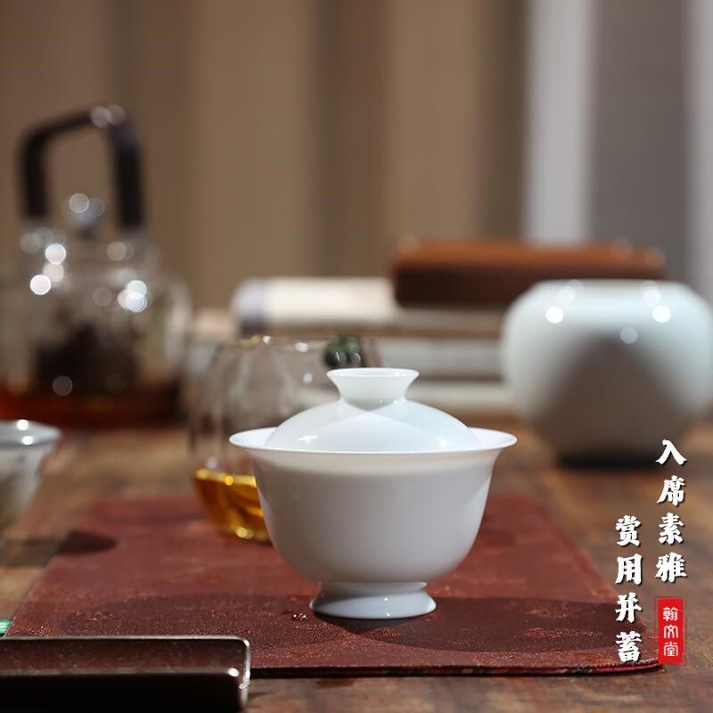 翰文堂7501高足大元宝泡茶盖碗手工薄胎高档茶碗景德镇白瓷盖碗