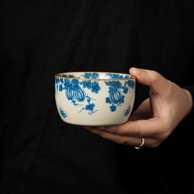 汝窑青花西瓜纹茶杯个人专用主人杯单杯陶瓷功夫茶具闻香喝茶杯子