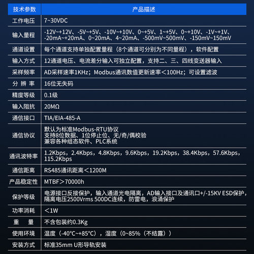 12路高精度电压电流模拟量采集模块4-20ma输入转485通讯daqm4202C