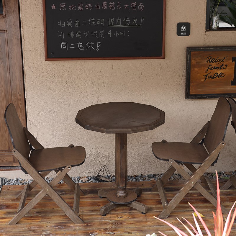 复古实木圆桌椅子可摺叠三件套家用小户型客厅阳台餐桌茶几咖啡桌