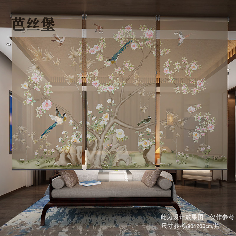 新中式卷帘画窗帘客厅卧室遮光软隔断屏风电动装置