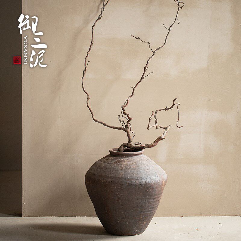 景德镇复古陶瓷落地大花盆禅意侘寂风陶罐客厅玄关摆件插花装饰品
