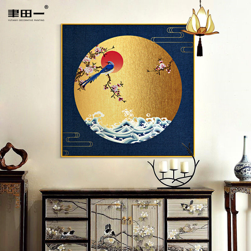古典新中式写意花鸟玄关装饰画过道样板房正方形挂画卧室床头墙画