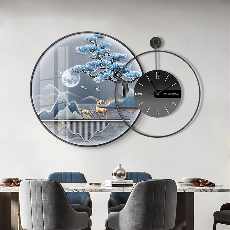 新中式餐厅装饰画带钟表轻奢福鹿饭厅挂画餐桌背景墙装饰壁画时钟