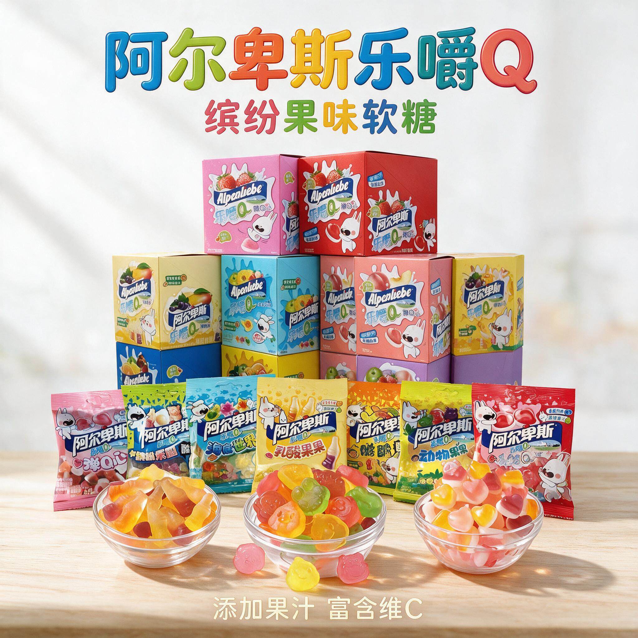 阿尔卑斯乐嚼Q软糖缤纷果味盒装进口儿童零食添加果汁富含维C