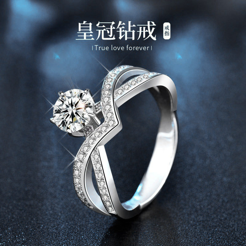 莫桑钻S925纯银戒指个性重工六爪皇冠钻戒饰品闭口指环送女友礼物
