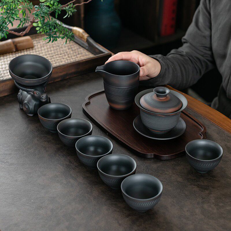 建水紫陶茶具套装创意家用简约陶瓷泡茶壶大盖碗整套功夫茶海茶杯
