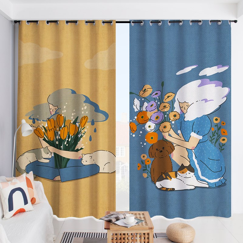 花卉卡通猫咪小狗全遮光窗帘防晒遮阳布卧室客厅房间可爱飘窗短帘