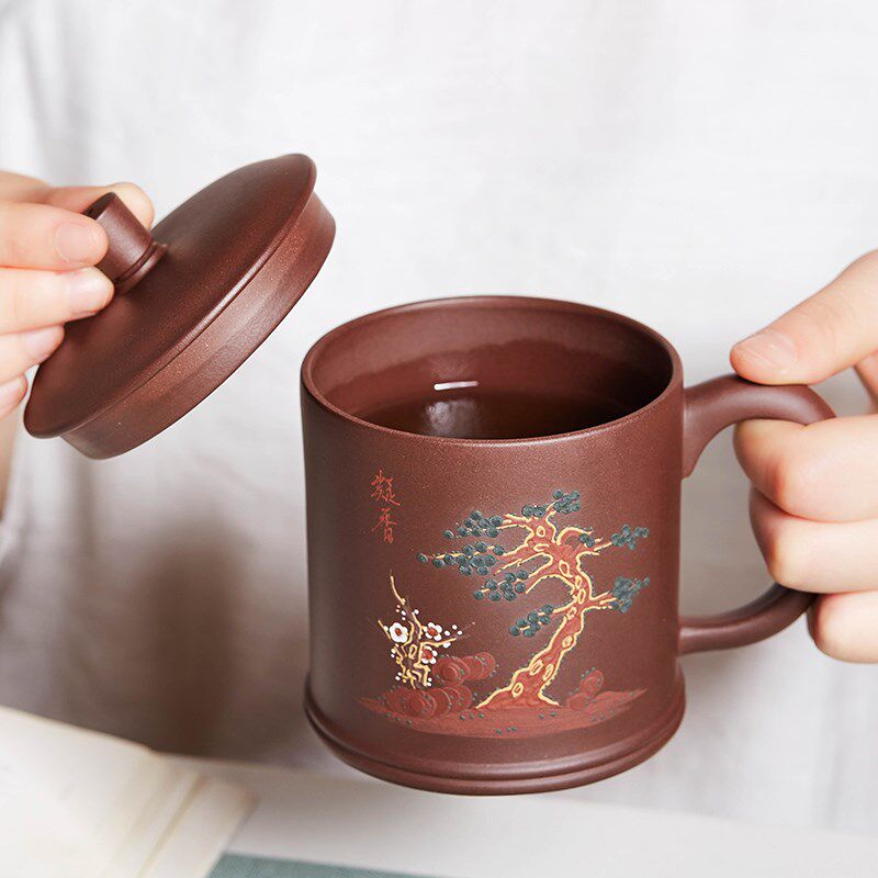 宜兴紫砂泥绘泡茶杯纯手工男士大容量陶瓷功夫茶具带把办公盖杯子