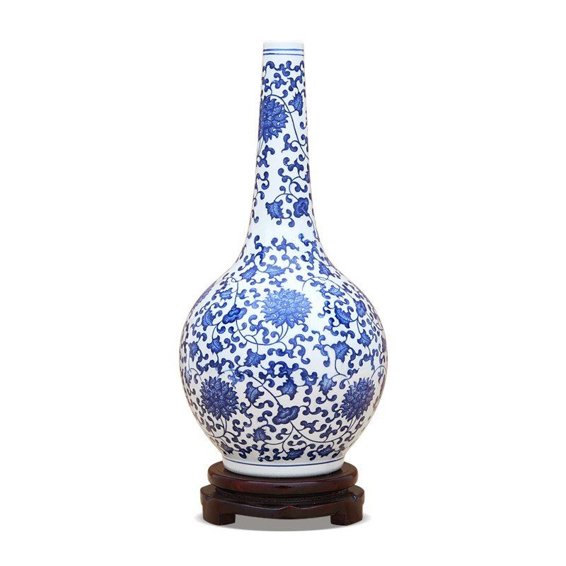 景德镇陶瓷器仿古青花瓷缠枝莲纹胆瓶客厅办公室装饰品客厅摆件