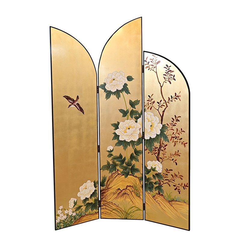 侘寂风手绘花鸟画金箔屏风新中式日式茶室客厅隔断背景墙折屏定制