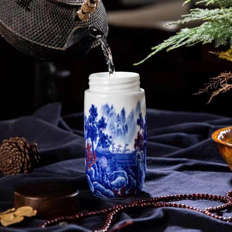 景德镇陶瓷保温杯带盖青花瓷山水茶杯内胆过滤网办公泡茶礼品水杯