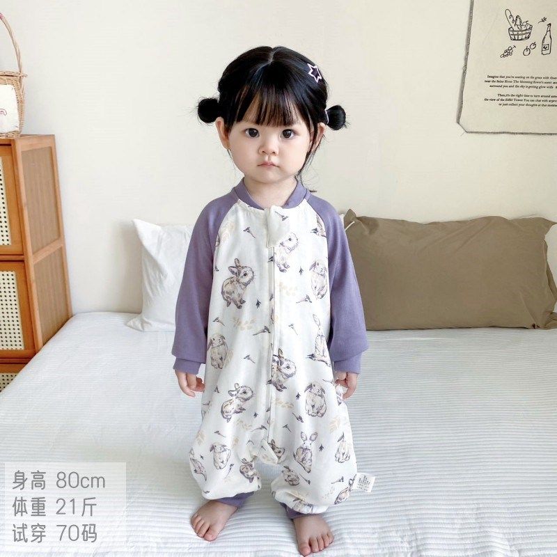 婴儿睡袋竹棉纱布四六连体睡衣长袖拼接空调房薄款春秋分腿防踢被