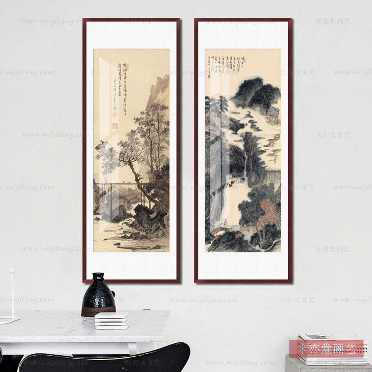 米亦堂x溥心畲 新中式大气山水字画竖条国画客厅餐厅书房玄关挂画