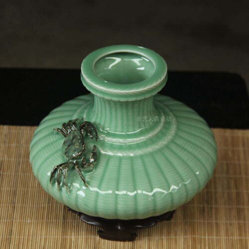 蟹篓瓶陶瓷青瓷梅子青螃蟹财招进宝家居饰品博古架玄关摆件花瓶