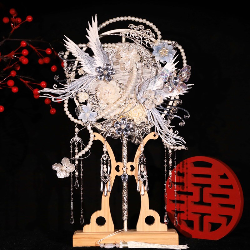 银色团扇新娘结婚材料包diy秀禾双面高级婚嫁喜扇婚礼成品婚扇子