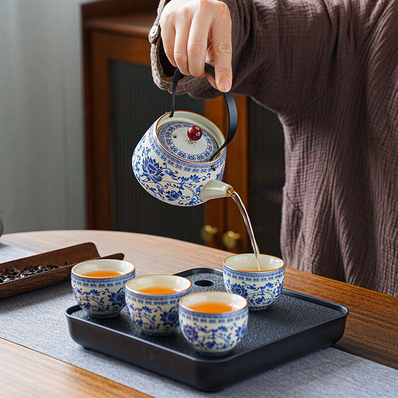 户外可携式旅行茶具轻奢功夫茶具家用简约收纳复古提梁壶陶瓷茶杯