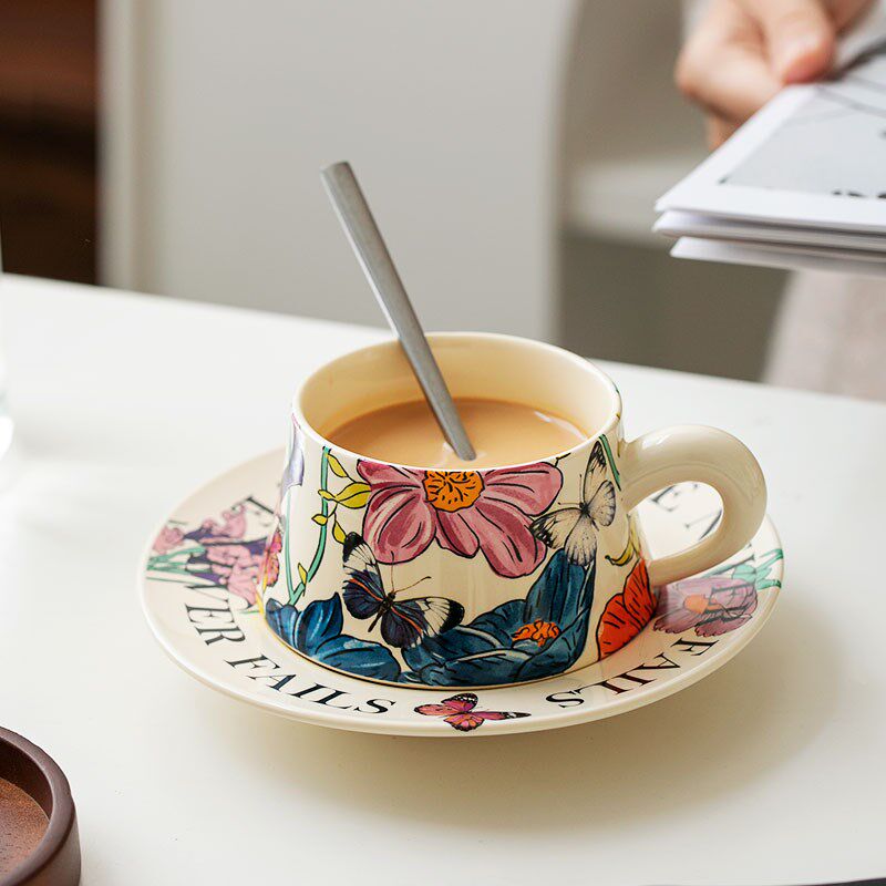 复古浪漫牡丹花咖啡杯碟拿铁杯下午茶杯家用杯具美式陶瓷杯碟套装