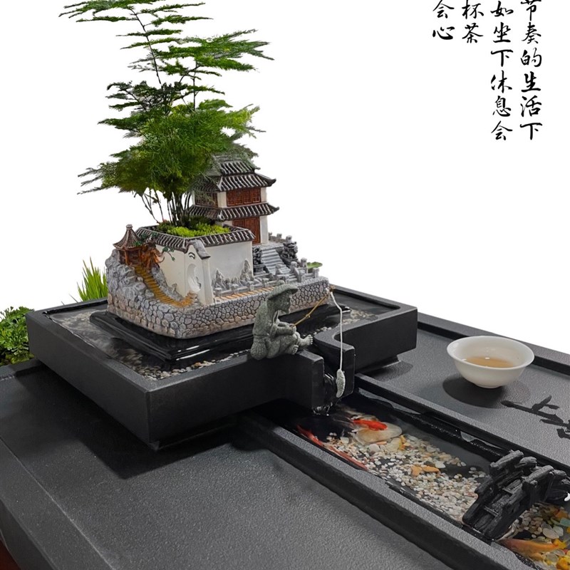 高端小贵乌金石茶盘家用石托流水养鱼景观茶台特大号茶海烧水一体