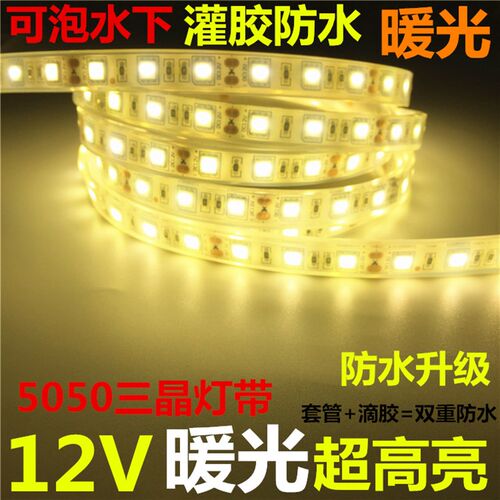 5050  12V水下鱼池鱼缸等水下LED灯带灌胶防水超高亮暖光5米价