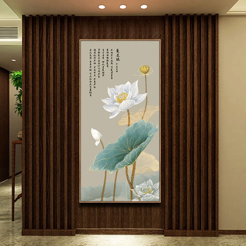 入户玄关荷花装饰画走廊过道背景墙高档镶钻晶瓷画竖版新中式挂画