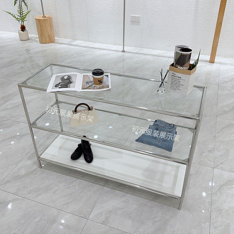 服装店中间摆放不锈钢中岛货柜钢化玻璃女装店鞋包饰品流水展示台